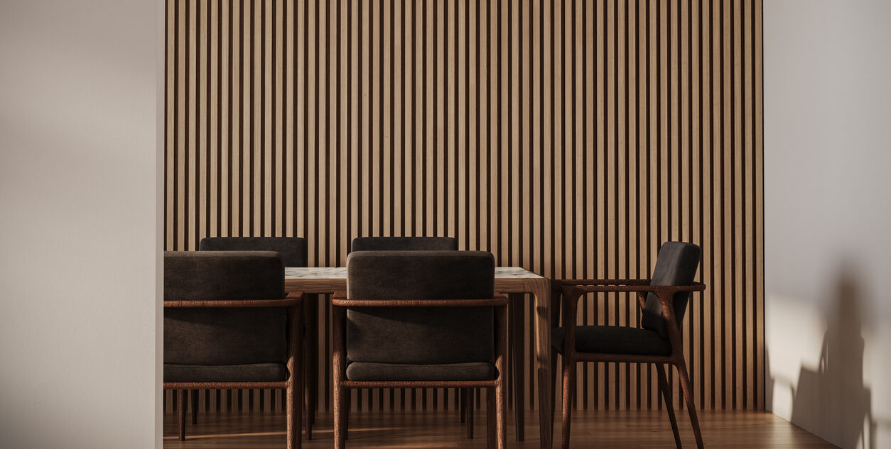 Modern interior design of apartment, dining room with table and chairs.